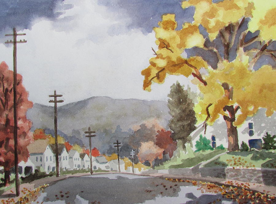 Small Town Autumn Painting by Tony Caviston