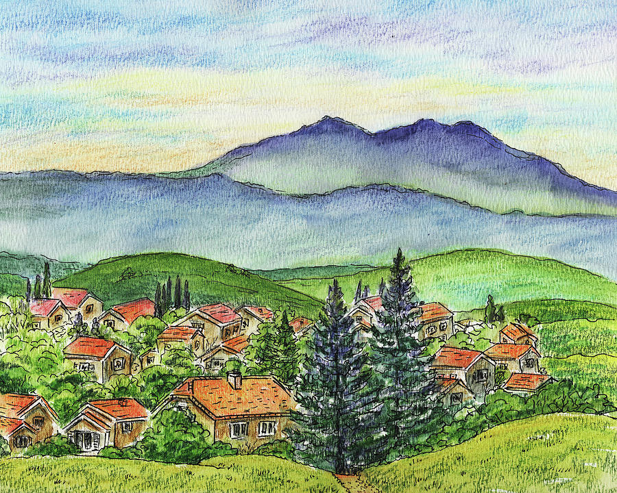 Small Town Mountains And Hills Painting