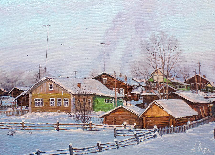 Winter Painting - Small village houses by Alexander Volya