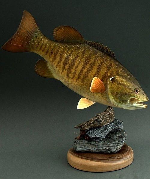 Smallmouth Bass And Crawfish Open Mouth Sculpture by Chad Turner