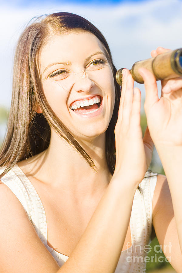Smiling And Laughing Woman Holding Old Fashion Telescope Photograph by Jorgo Photography