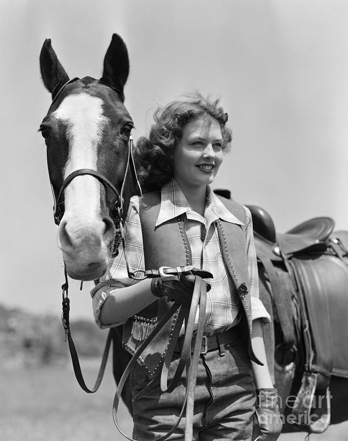 Smiling Cowgirl With Horse, C.1940s Photograph by H. Armstrong Roberts/ClassicStock
