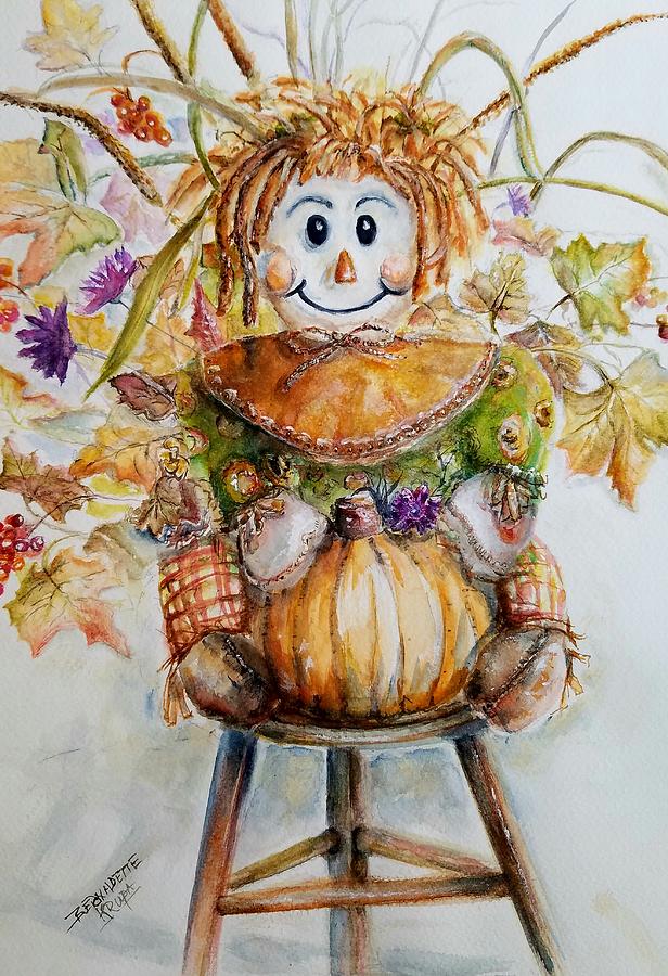 Pumpkin Painting - Smiling Girl Scarecrow by Bernadette Krupa