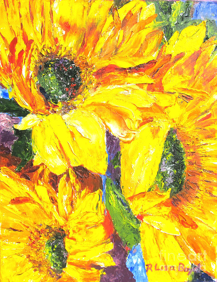 Smiling Sunflowers by Pallet Knife Painting by Lisa Boyd