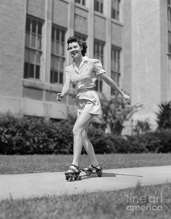 Vintage Photograph - Smiling Teen Girl On Roller Skates by H. Armstrong Roberts/ClassicStock