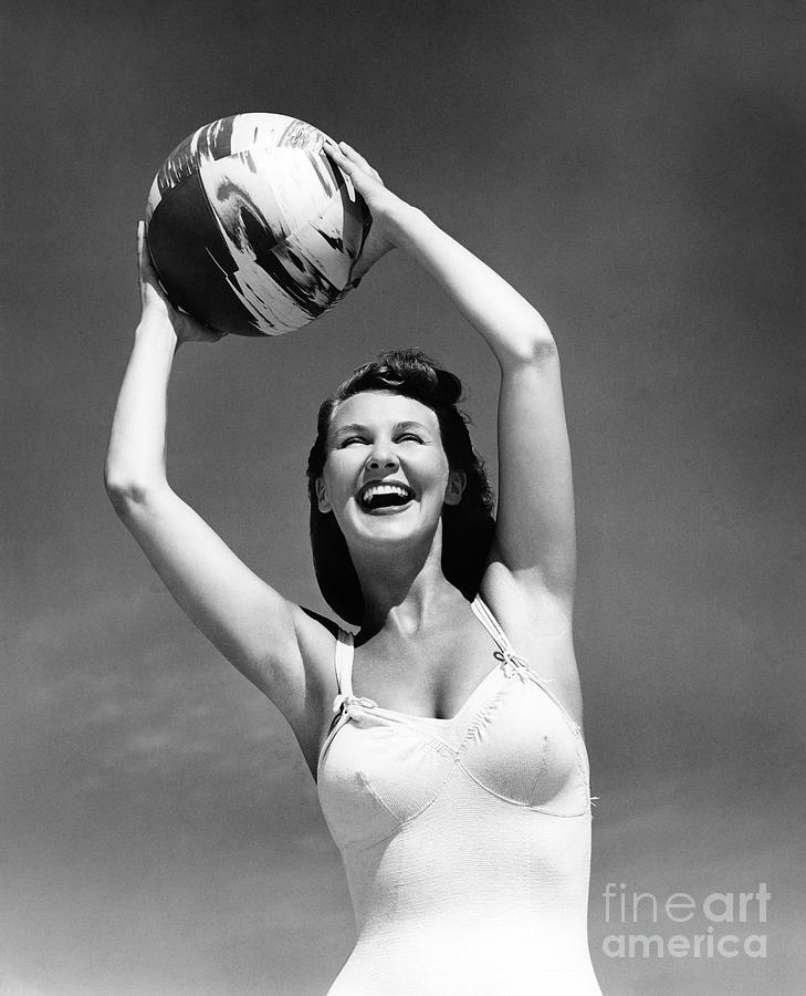 Smiling Woman With Beach Ball, C.1940s Photograph by H. Armstrong Roberts/ClassicStock