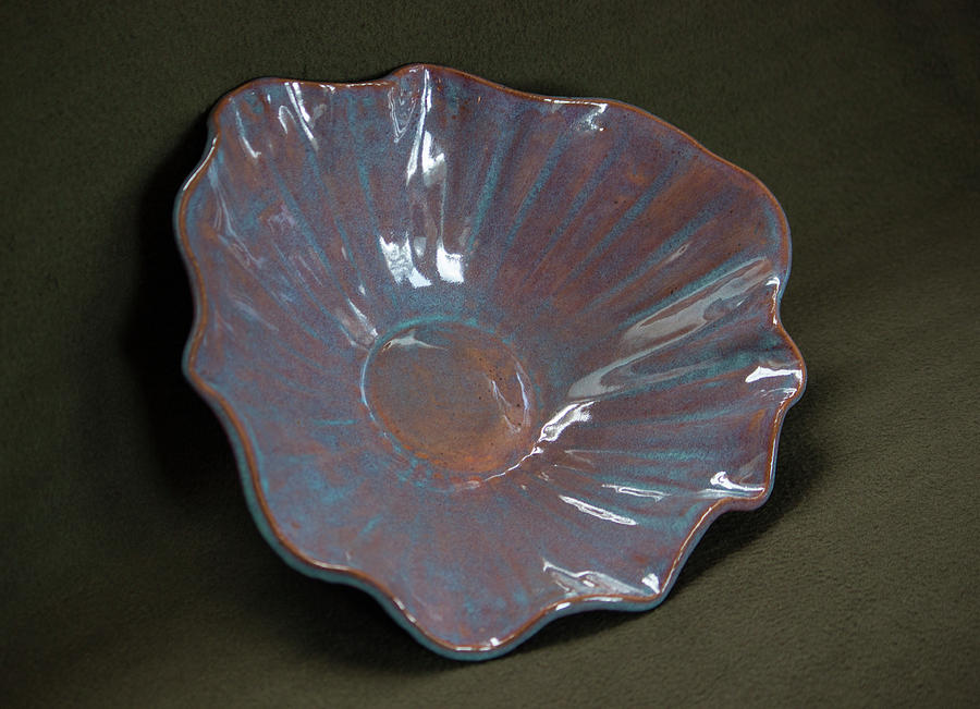 Smokey Merlot and Textured Turquoise Scalloped Bowl Ceramic Art by Suzanne Gaff