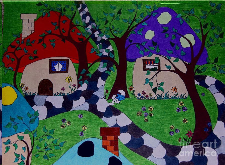 Mushroom Drawing - Smurf Village by Patricia Alexander