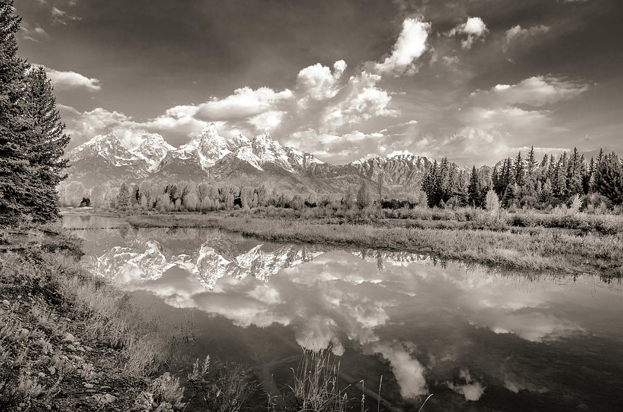 Snake River Reflection Grand Teton Monochromatic Photograph by Scott McGuire