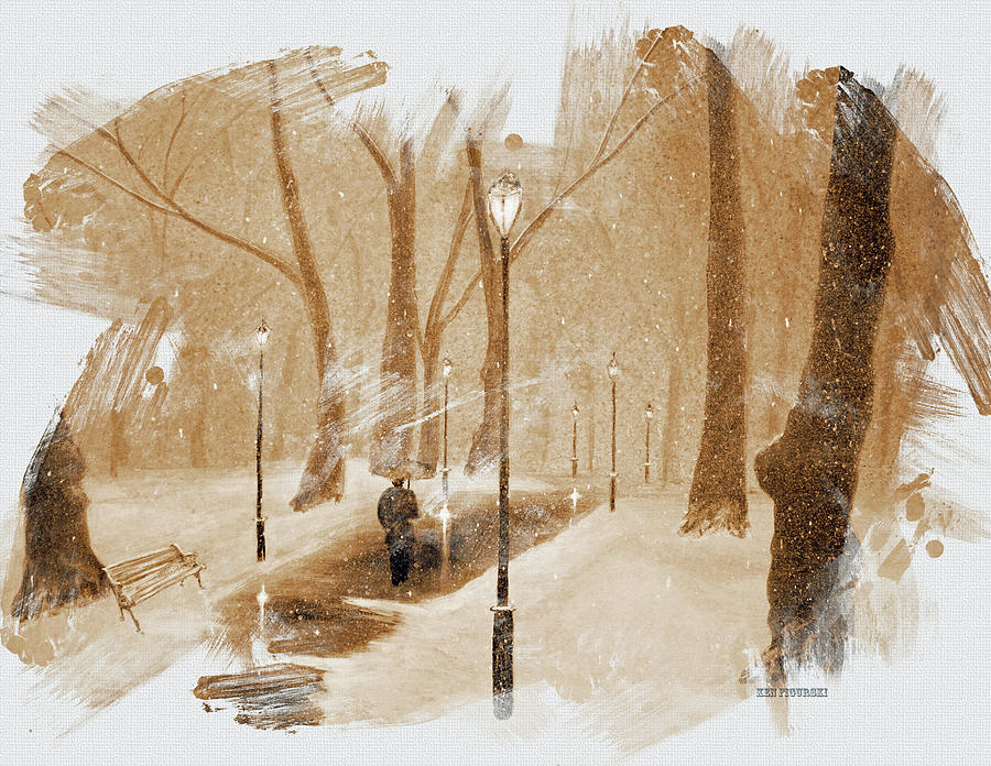 Snofall In The Park Sepia Tone Mixed Media by Ken Figurski