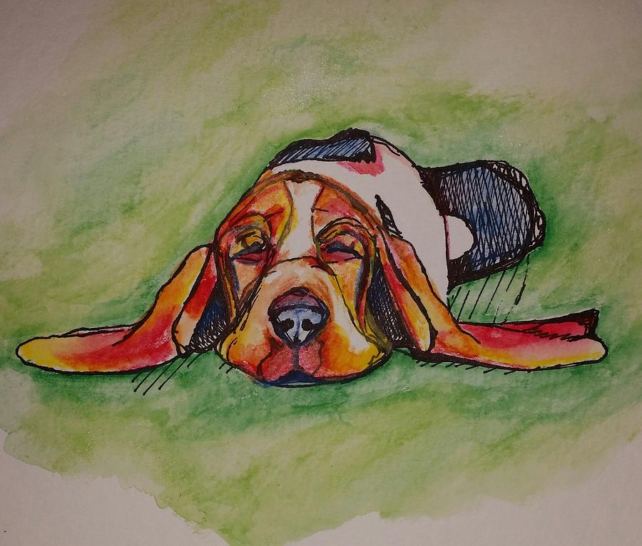 Snoozing Bassett  Painting by Anne Seay