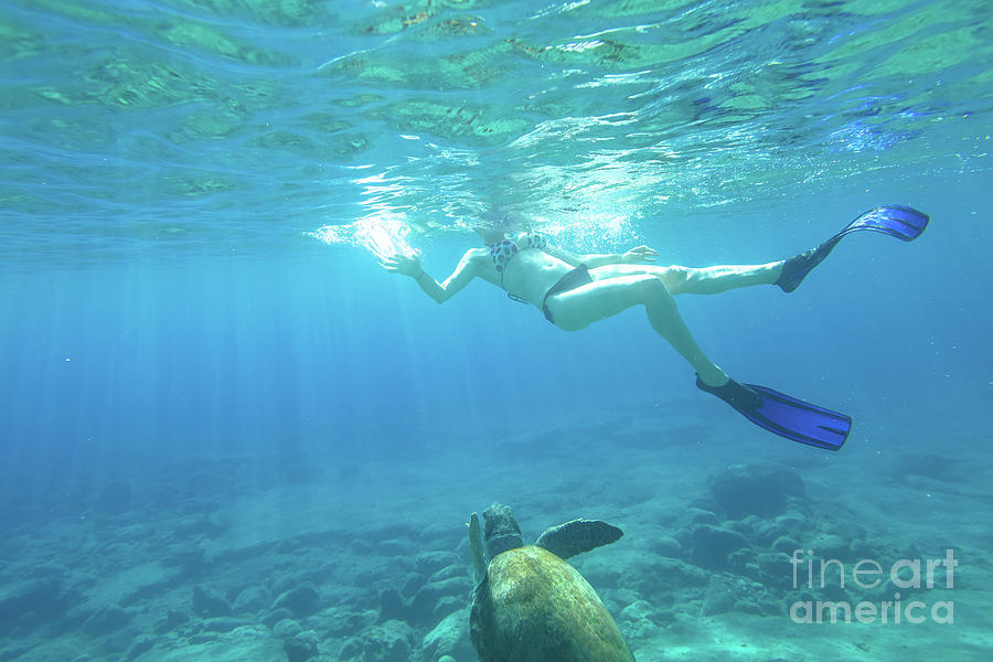 Snorkeler with sea turtle Photograph by Benny Marty