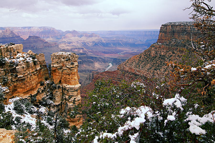 Snow and Pillar - Grand Canyon Photograph by Larry Ricker