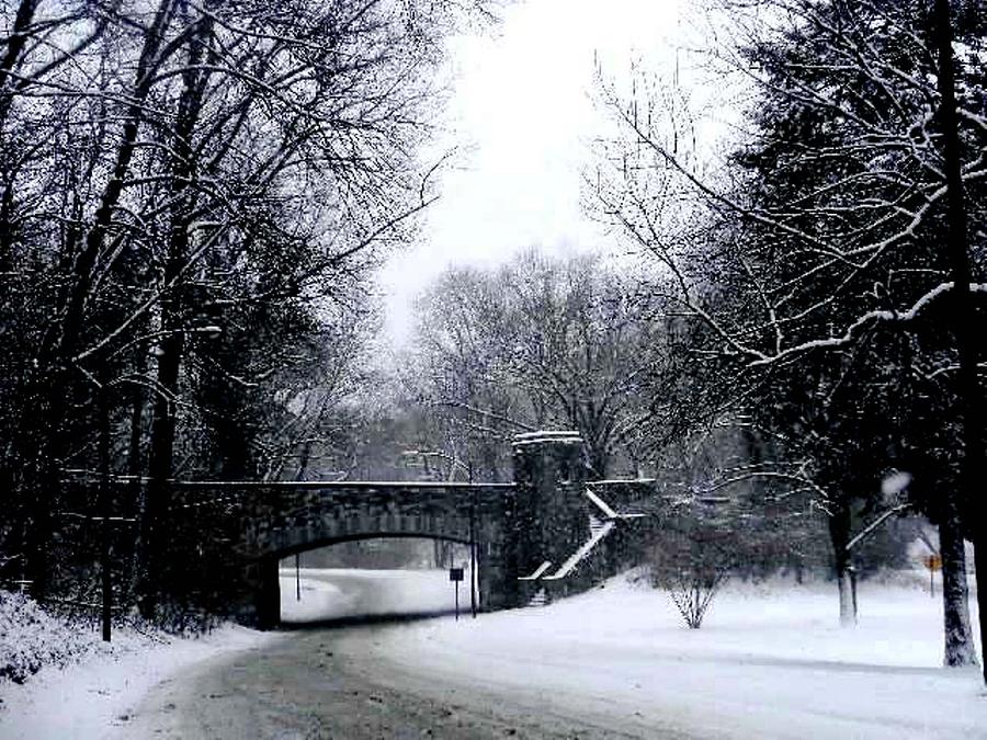 Black And White Photograph - Snow Blizzard - Rock Creek Parkway Washington DC by Fareeha Khawaja