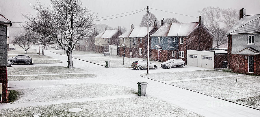 Snow blizzard street scene in rural Norfolk Photograph by Simon Bratt