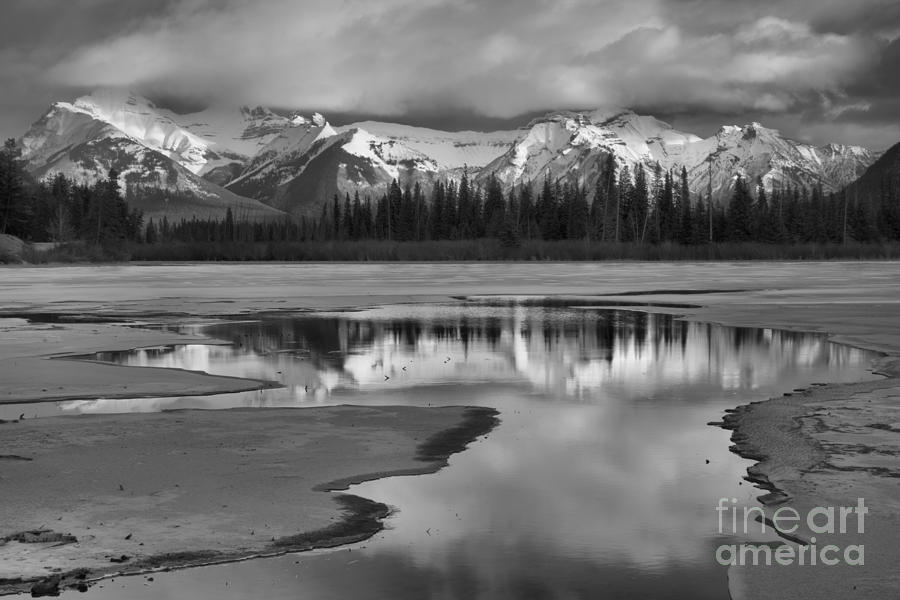 Snow Capped Reflections In Vermilion Lakes Black And White Photograph by Adam Jewell