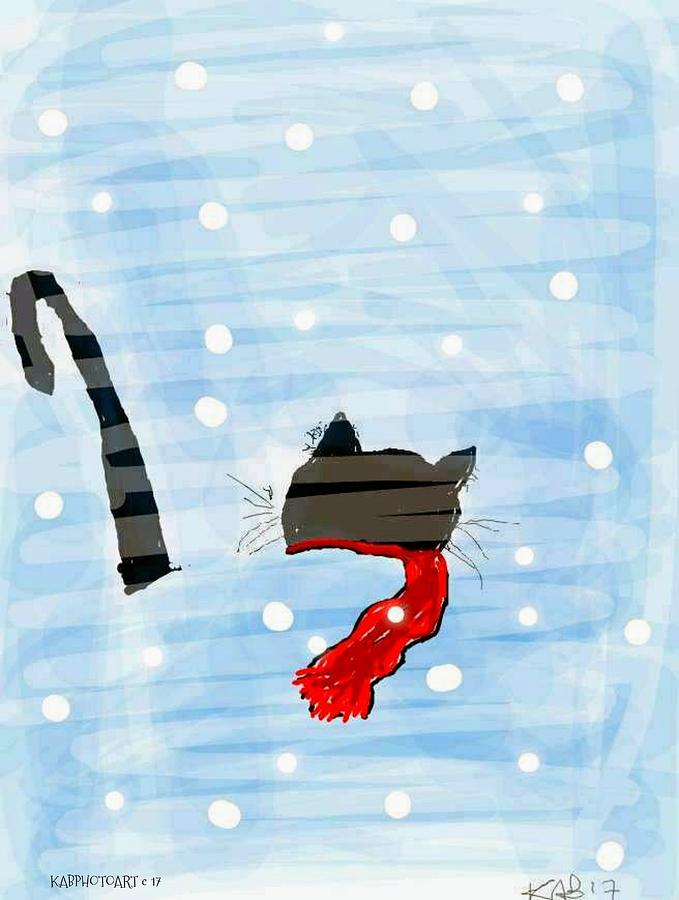 Snow Cat with Red Scarf Digital Art by Kathy Barney