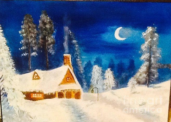 Snow cottage Painting by Audrey Pollitt
