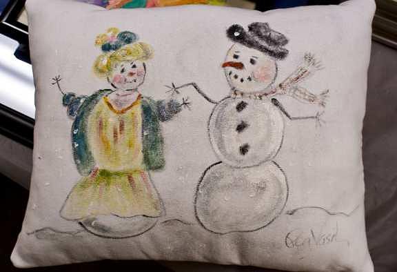 Snowman Painting - Snow Couple Pillow by Peg Vasil