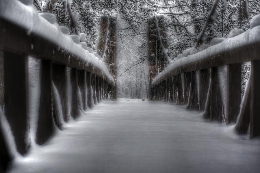 Snow covered bridge Photograph by Charles Ruggles