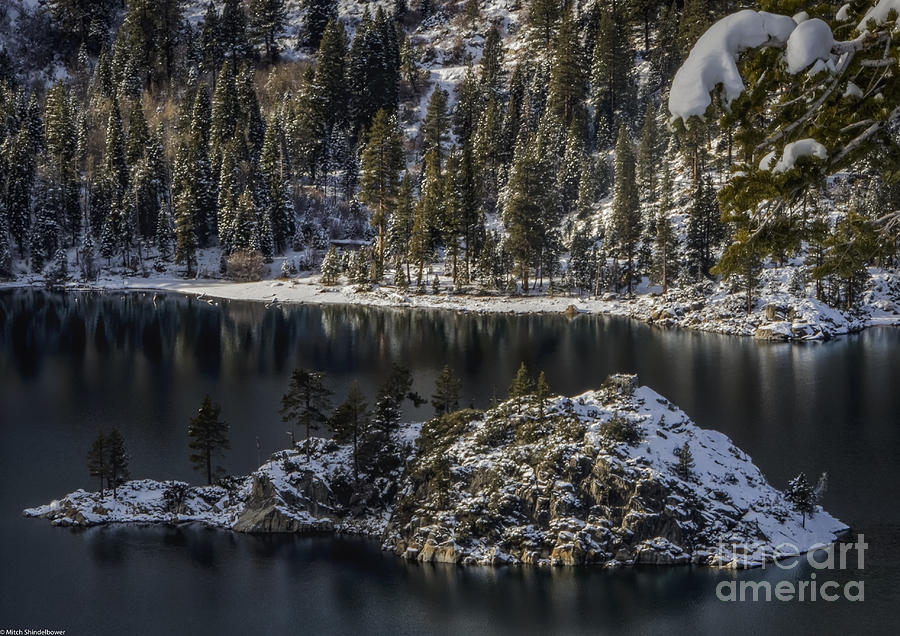 Emerald Bay Lake Tahoe Photograph - Snow Covered Fannett Island by Mitch Shindelbower