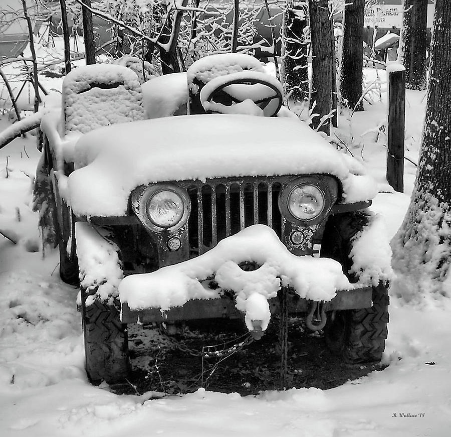 Tree Photograph - Snow Covered Jeep In BW by Brian Wallace