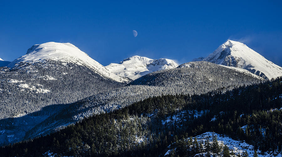 Mountain Photograph - Snow Covered Mountains and Moon by Pelo Blanco Photo