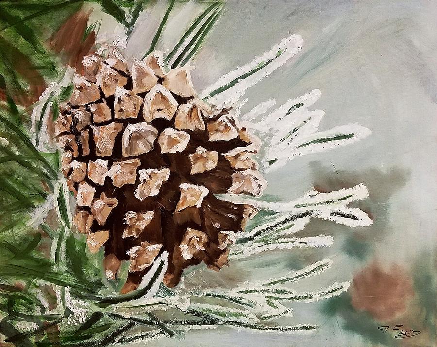 Snow Covered Pinecone Painting by Jessie Henry