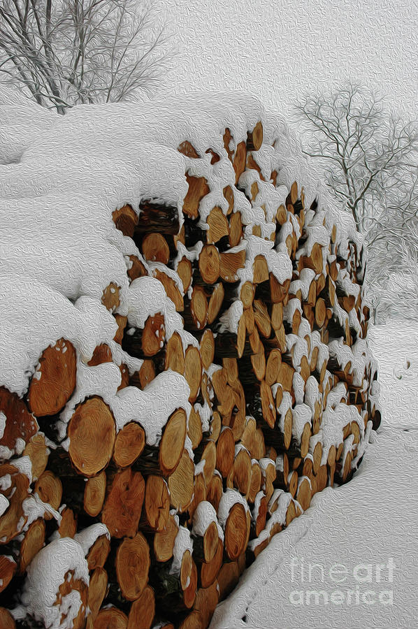 Winter Digital Art - Snow-covered Wood Pile with Oil Painting Filter by Kathy Carlson