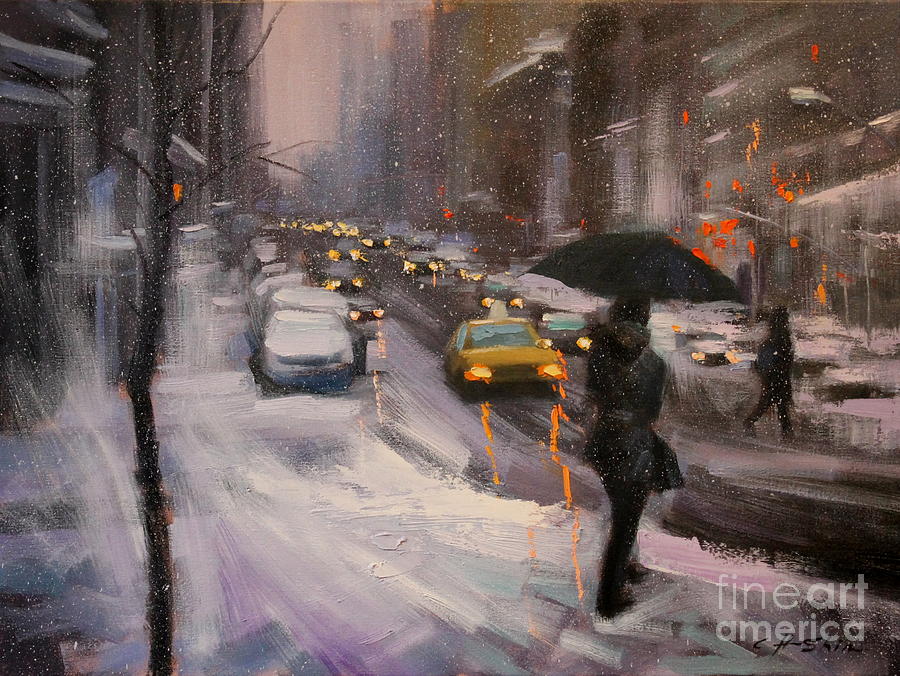 Winter Painting - Snow Day in Lexington ave. by Chin H Shin
