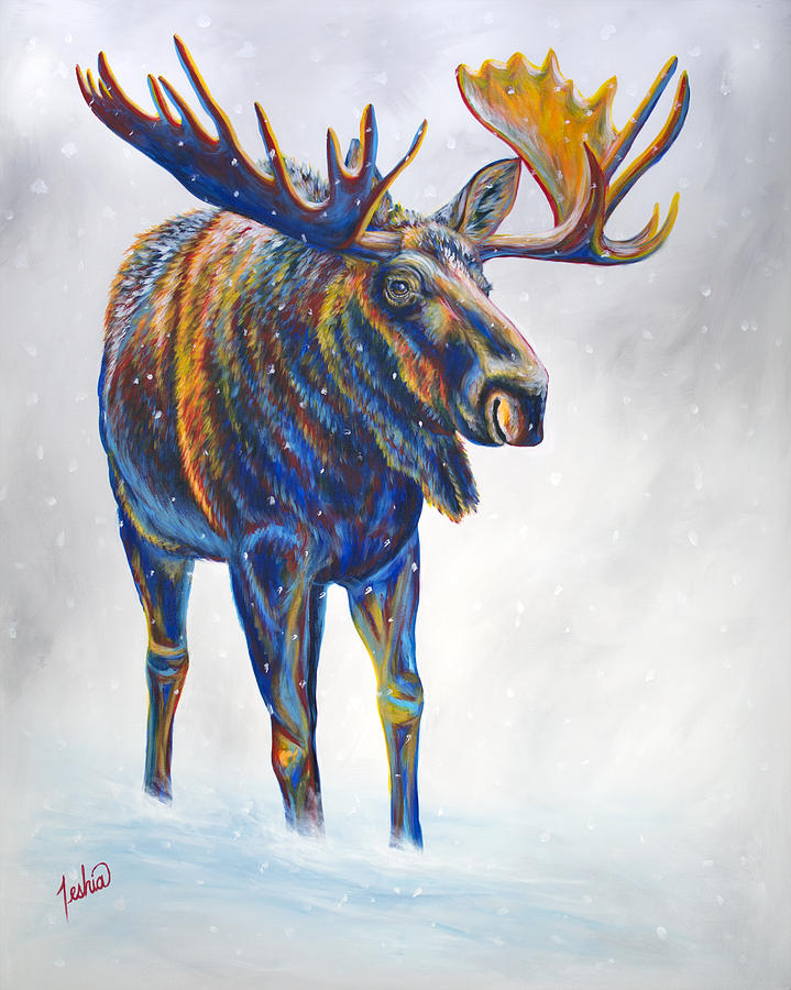 Moose Painting - Snow Day by Teshia Art