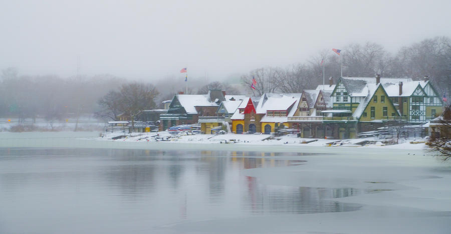Snow Falling on Boathouse Row Photograph by Bill Cannon