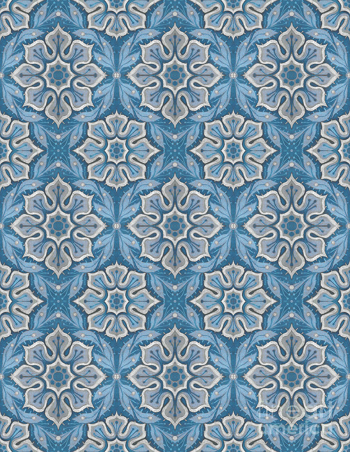 Snow flower floral pattern in blue and gray Mixed Media by Julia Khoroshikh