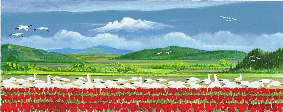 Wildlife Painting - Snow Geese and Tulips by Bob Patterson