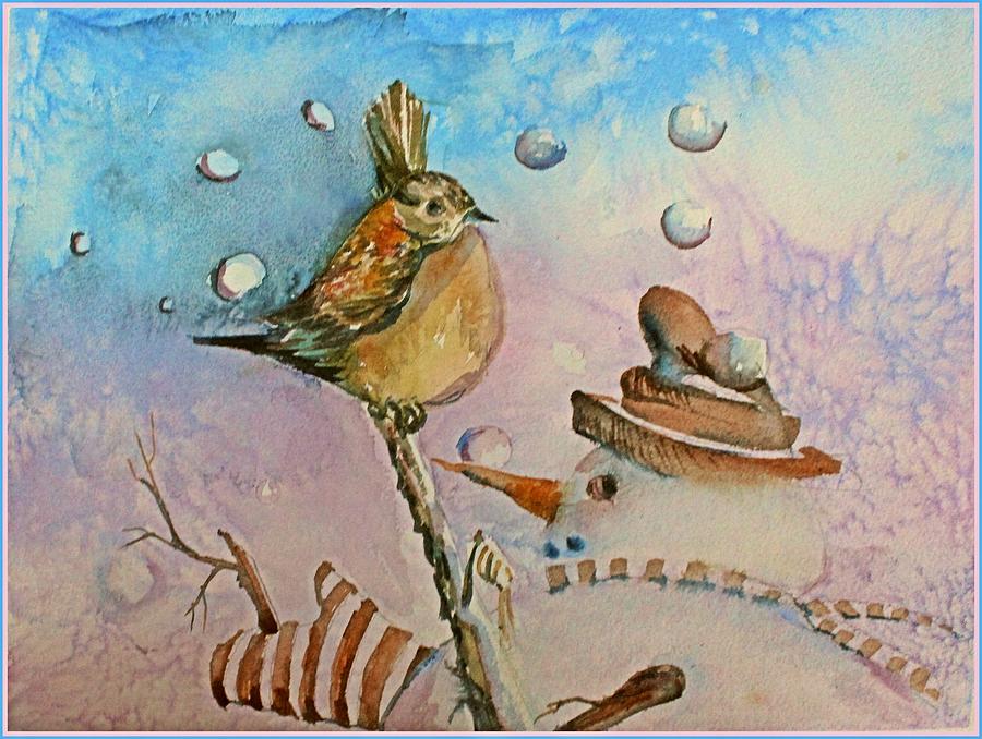 Frosty tosses Snowballs at the Bird.  Painting by Mindy Newman