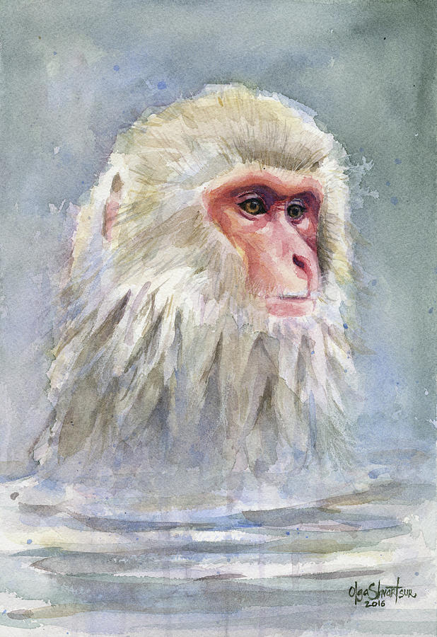 Nature Painting - Snow Monkey Taking a Bath by Olga Shvartsur