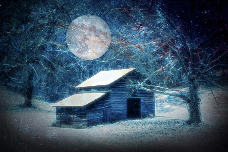 Snow on the Country Barn Full Moon on Christmas Eve Photograph by Debra and Dave Vanderlaan