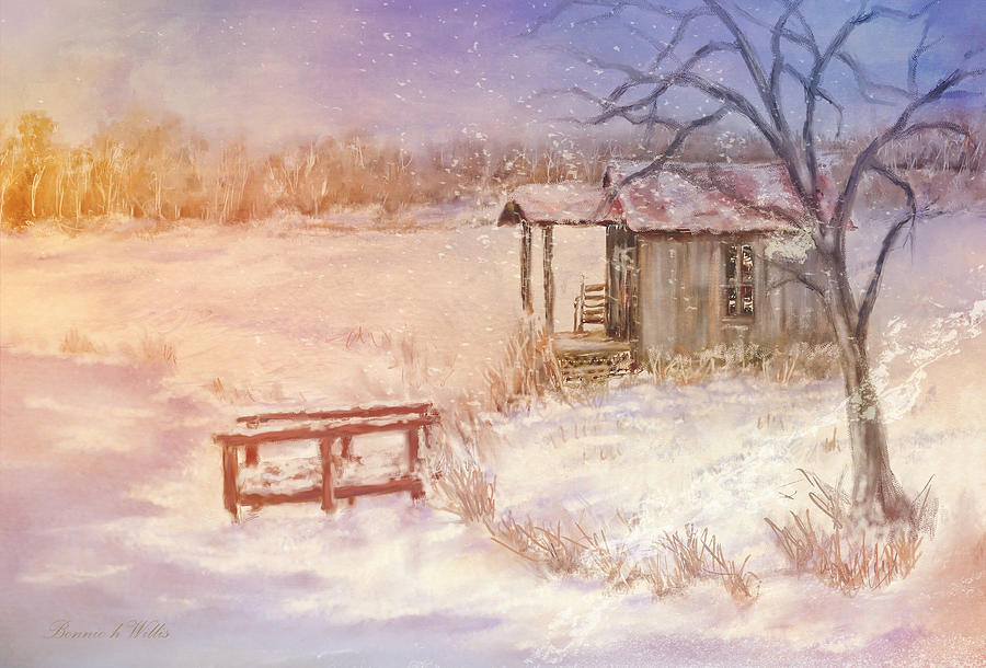 Snow on The Fishing Pond Digital Art by Bonnie Willis