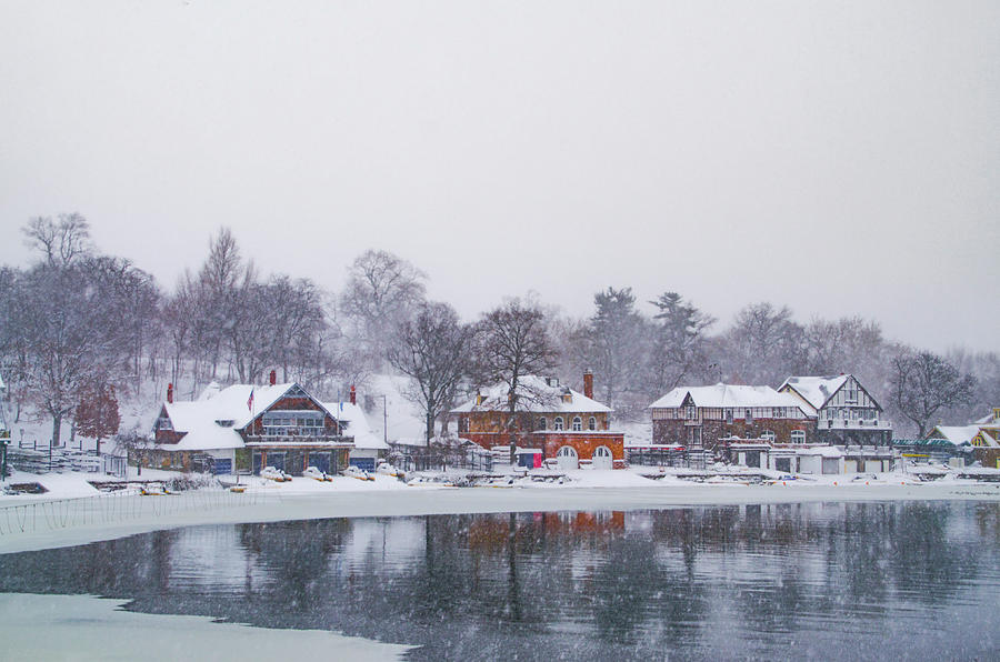 Snow on the Schuylkill River Boathouse Row by Bill Cannon