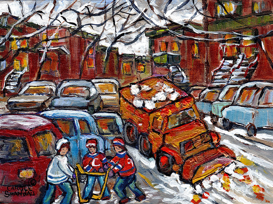 Snow Plow Winterscene Paintng For Sale Street Hockey Canadian Art For Sale C Spandau Montreal Artist Painting by Carole Spandau
