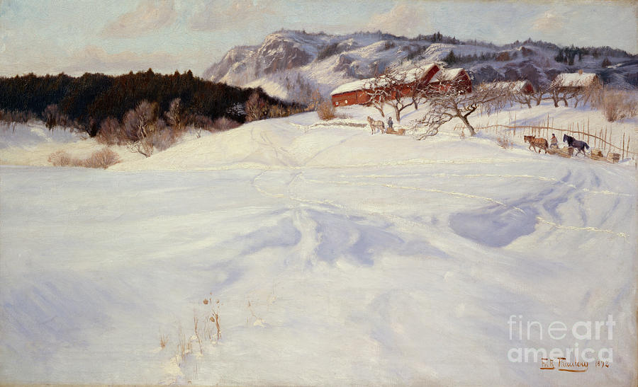 Snow scene with sledge, Fleskum Painting by Frits Thaulow