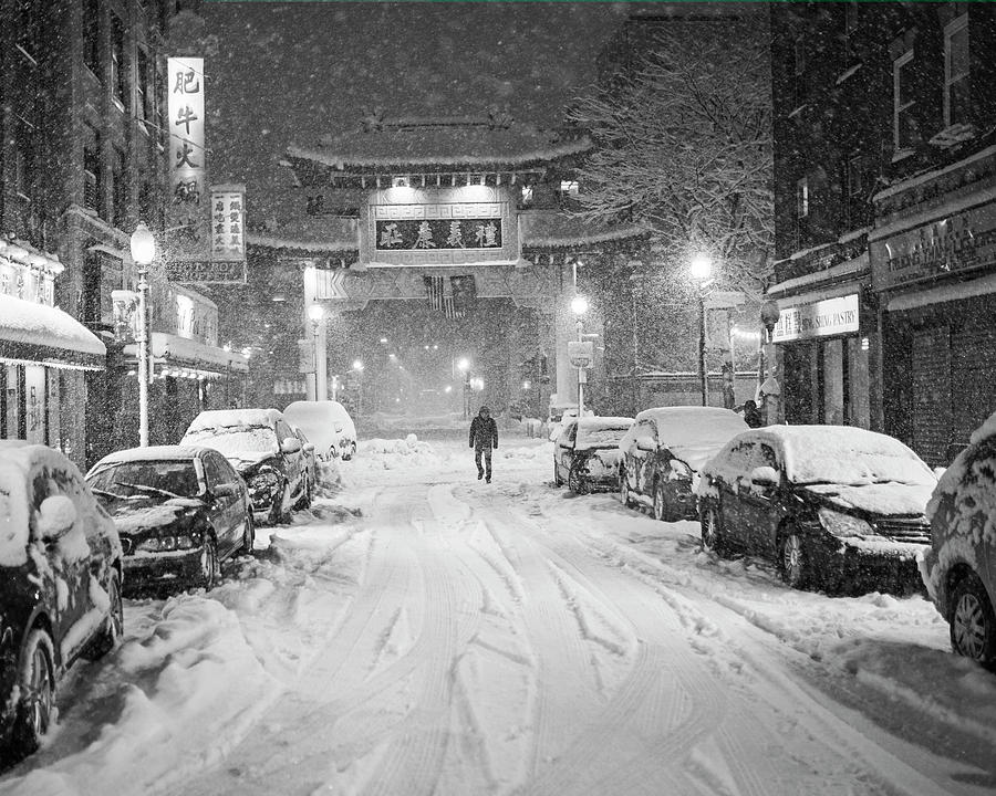 Snow storm in Chinatown Boston Chinatown Gate Black and White Photograph by Toby McGuire