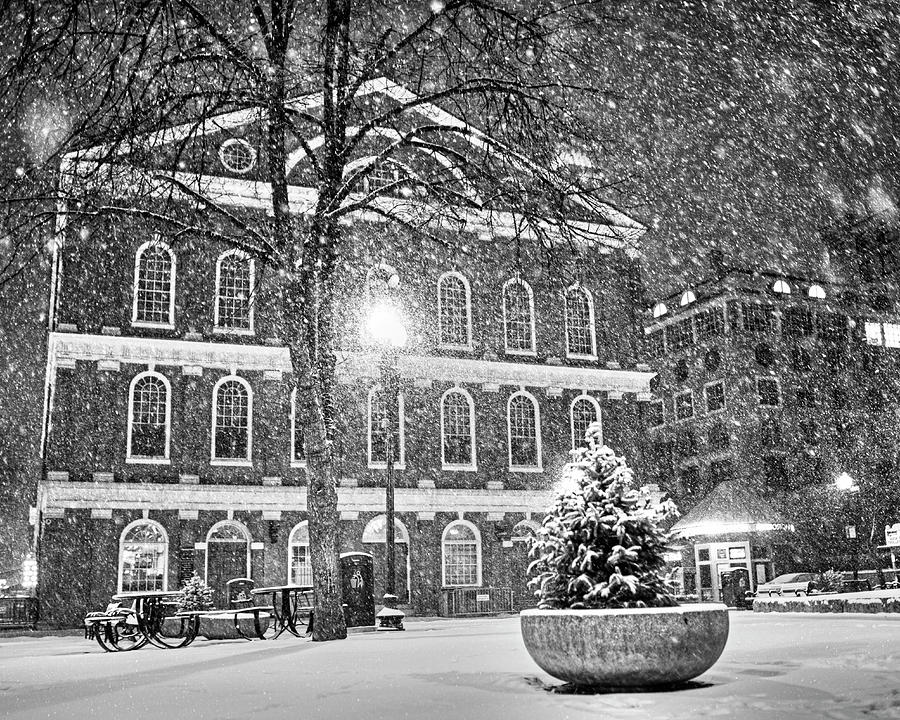 Snow Storm in Faneuil Hall Quincy Market Boston MA Black and White Photograph by Toby McGuire