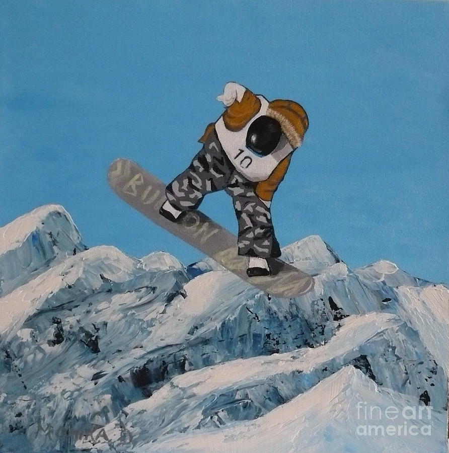Snowboarder-top view Painting by Monika Shepherdson