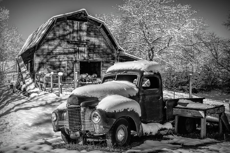 Snowbound International Truck Black and White Photograph by Debra and Dave Vanderlaan