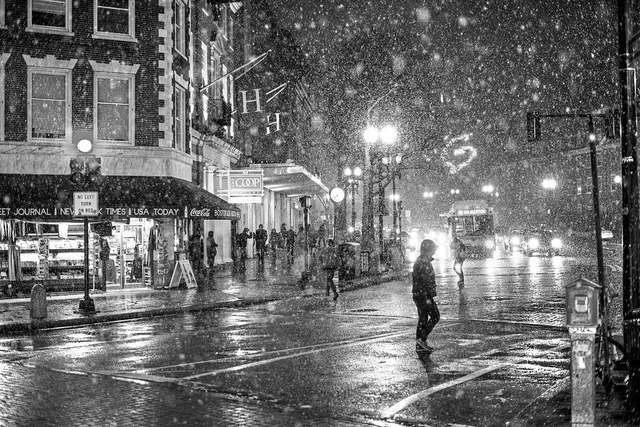 Snowfall in Harvard Square Cambridge MA COOP Black and White Photograph by Toby McGuire