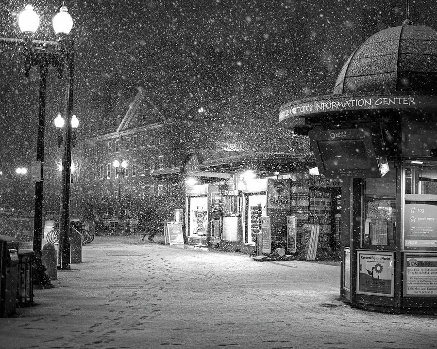 Snowfall in Harvard Square Cambridge MA Kiosk Black and White Photograph by Toby McGuire