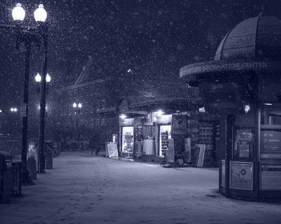 Snowfall in Harvard Square Cambridge MA Kiosk Monochrome Blue Photograph by Toby McGuire