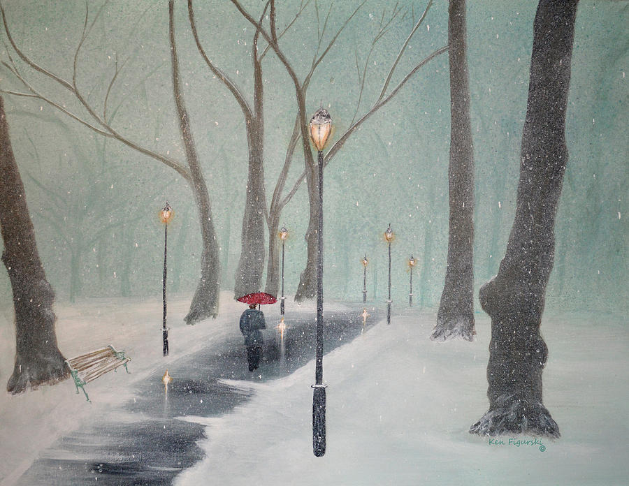 Snowfall In The Park Painting by Ken Figurski