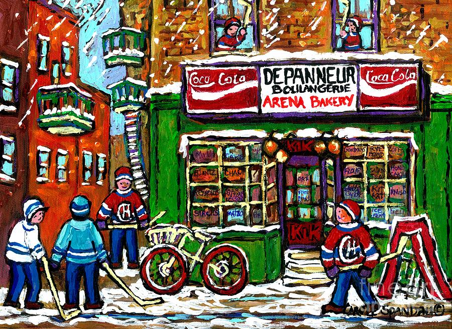 Snowfall Street Hockey Arena Bakery Montreal Memories Coca Cola Sign Original Winter Scene For Sale Painting by Carole Spandau